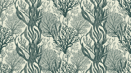 Obraz premium Teal coral seaweed vintage botanical sea pattern.