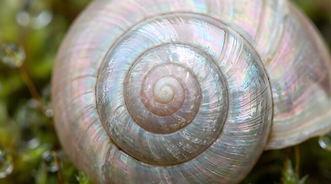 Close-up of a delicate iridescent snail shell