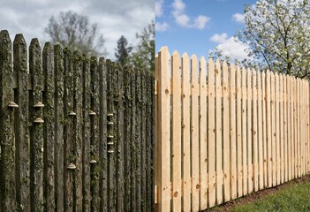 Fototapeta premium Comparison of weathered wooden fence and new timber fence illustrating home renovation, landscaping, repair, restoration, maintenance, residential improvement, exterior transformation, craftsmanship, 