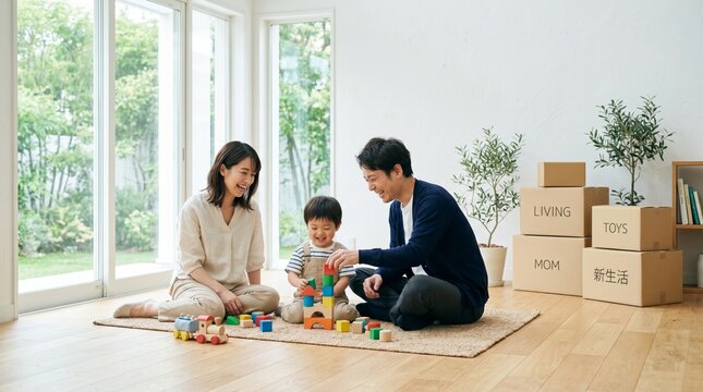 新居のリビングで積み木で遊ぶ笑顔の3人家族