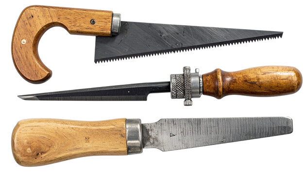 Three Vintage Carpentry Woodworking Tools PNG Cutout on Transparent Background Antique Keyhole Saw Awl Scriber and Flat Metal File Craftsmanship Clipart Hardware Equipment Design Digital Graphic Asset