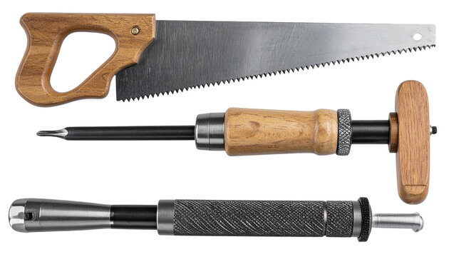 Three Vintage Carpentry Woodworking Tools PNG Cutout on Transparent Background Antique Keyhole Saw Awl Scriber and Flat Metal File Craftsmanship Clipart Hardware Equipment Design Digital Graphic Asset