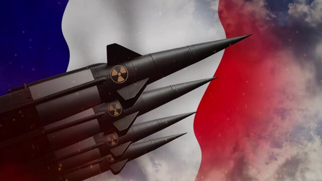 French nuclear missiles launching across a cloudy sky motion animation clip