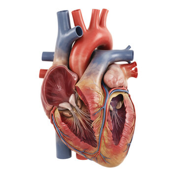Anatomical human heart model showing chambers and valves during a medical study isolated on transparent background