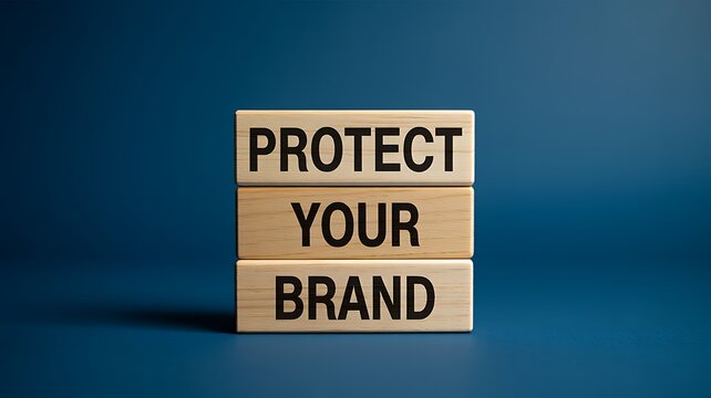 Protect your brand wooden block message on blue background with business trademark protection concept
