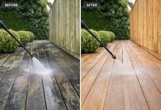 Pressure washing transforms a weathered wooden fence and walkway, removing mold, grime, and stains. Before-and-after comparison highlights professional exterior cleaning and restoration.