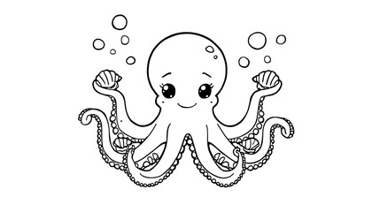 Playful octopus holding tiny seashells. Cute marine animal with rounded arms, bubbles, and cheerful expression, ideal for ocean-themed projects. © Xornax