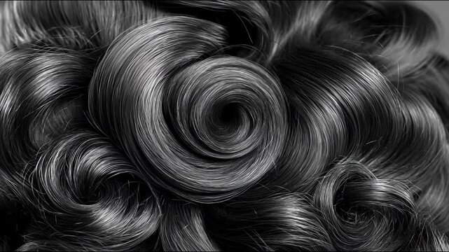 Close-up macro shot of stylized black and white curly hair with dramatic lighting for beauty content.