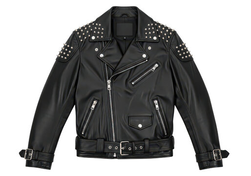 Black leather motorcycle jacket with silver metal studs and zippers for a cool rocker style