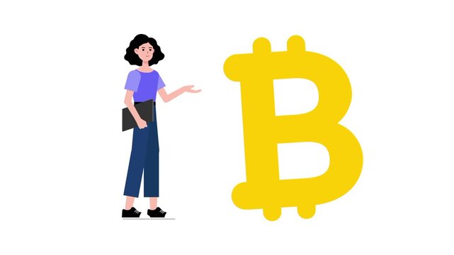 Business icon sign, animated a woman and bitcoin cartoon vector. Result and target illustration idea, achievement goal and making money symbol. Simple isolated animation on white screen background.