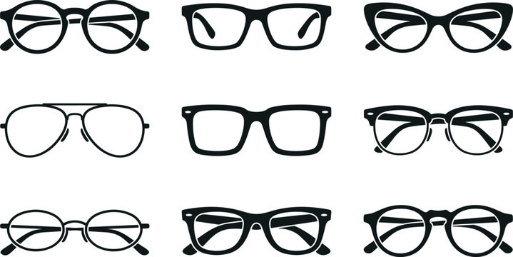 Classic and Modern Eyeglasses Frame Icon Set with Retro Aviator, Cat Eye, and Round Spectacle Symbols for Optician Clinics, Fashion Accessory, and Eyewear Vector Designs,