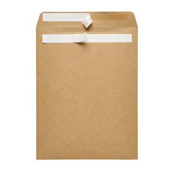 A vertical brown kraft paper mailing envelope with a white adhesive strip open.