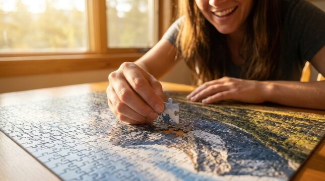 Happy young woman finding accurate coordinate pieces to finish a large geographic map layout puzzle game