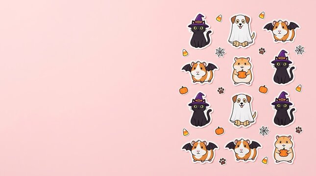 Halloween stickers on transparent background with cats dogs and guinea pigs