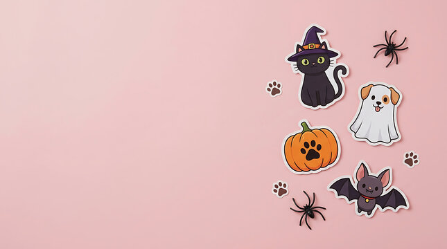 Halloween stickers on transparent background with spooky cute animals and pumpkin
