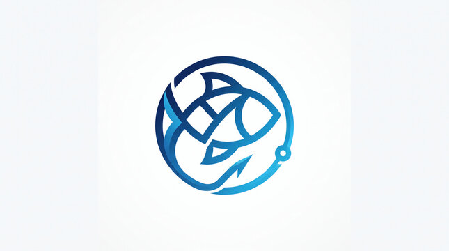 A blue fish logo with a fishing hook on a white background