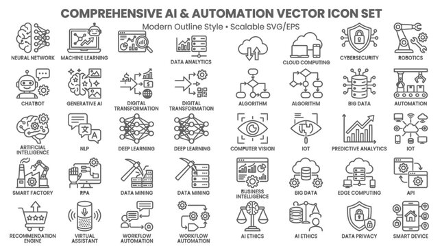 Artificial intelligence and automation icons. Modern line vector set for tech business.