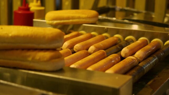 Roller grill continuously rotates hot dog sausages to create even browning and juicy texture. Street food vendor prepares fast food for outdoor market visitors.