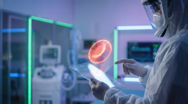 Scientist examining blood cell in medical laboratory with digital tablet and futuristic diagnosis interface