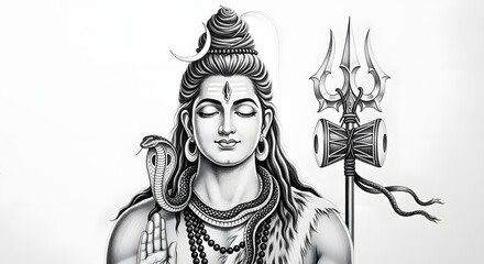 Obraz premium Black and White Artistic Portrait of Lord Shiva with Trident and Serpent.