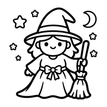 Cute witch holding broomstick coloring page for toddlers. Kawaii Halloween witch with stars vector line art illustration for kids preschool activities.