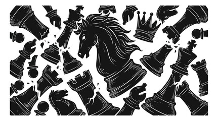 Chess game icons set, black silhouette chess pieces and players vector, international chess day tournament symbols, strategy board game elements © Ali