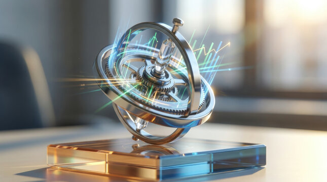 Algorithmic peg stability engine concept with glowing gear orbit on glass base, futuristic finance innovation