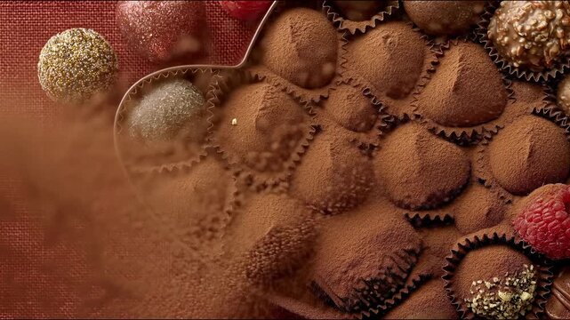 Heart-shaped box of assorted chocolates is dusted with cocoa powder for romantic marketing.