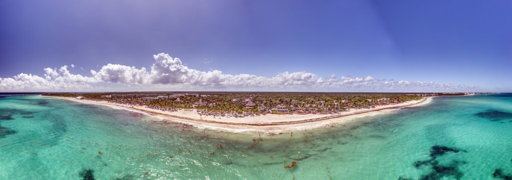 Aerial Panorama of Playa Maroma Beach with Sargassum Seaweed Riviera Maya Mexico