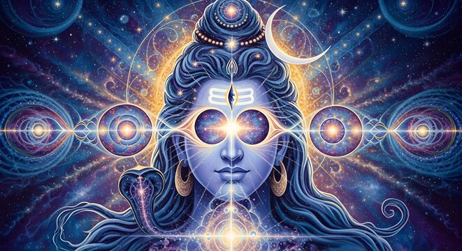 Digital Artwork of a Meditative Buddha with Cosmic Energy and Light Patterns.