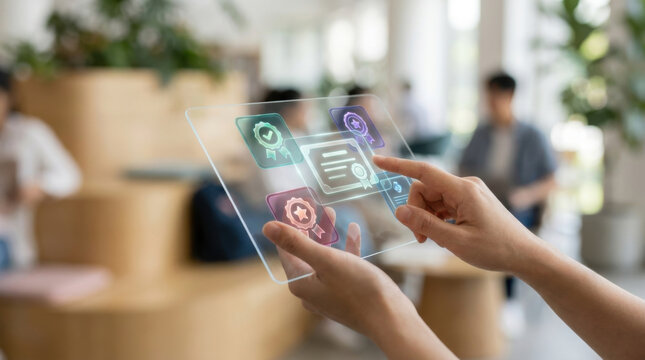 Micro credential portfolio management concept with hands on transparent screen in office lobby, blurred background