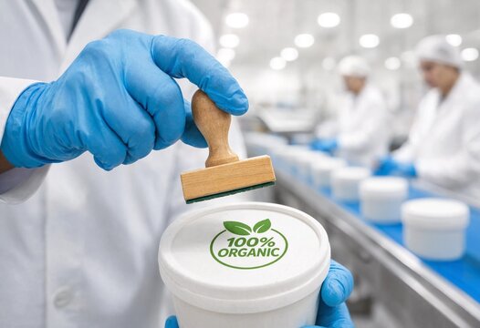 Organic food product receiving quality certification stamp in hygienic production facility, emphasizing safety, freshness, sustainability, compliance, consumer trust, manufacturing excellence.