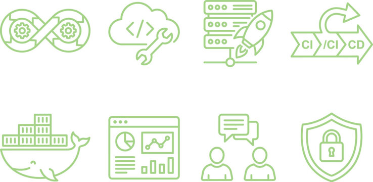 Set of dev ops and software development line icons for it infrastructure and engineering with software development infrastructure engineering automation deployment pipeline container monitoring