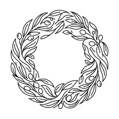 Obraz premium Elegant Olive Branch Wreath Design, Minimalist Botanical Circle Frame, Hand-drawn Vector Art