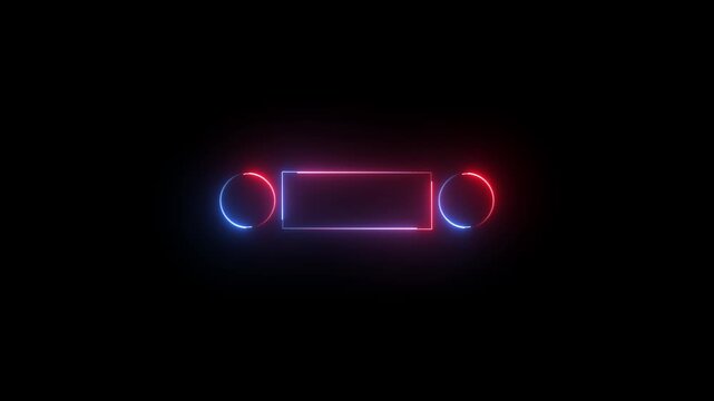 Glowing neon frame with circular elements isolated on black background.video...