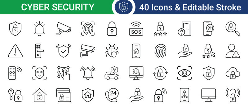 Cyber security icons set with editable stroke, vector illustration