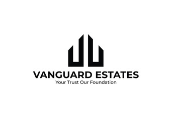 Fototapeta premium Vanguard Estates Modern Real Estate Logo Template, Symmetrical Buildings Vector