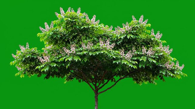 A blooming horse chestnut tree isolated on a solid green background.