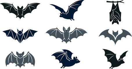 Fototapeta premium Spooky Halloween Bat Silhouette Icon Set with Flying and Hanging Mammal Symbols for Gothic Party Decorations, Vampire Patterns, and Nocturnal Wildlife Vector Designs,