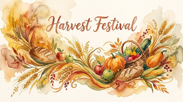 Harvest festival card with autumn fruits and vegetables in watercolor style on soft background with text