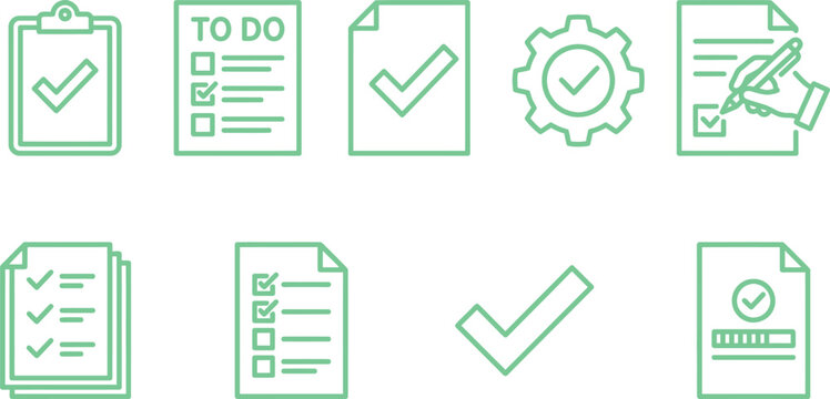 Business workflow and task completion outline icons set with workflow completion business checklist document clipboard administration corporate minimalist productivity planning organization