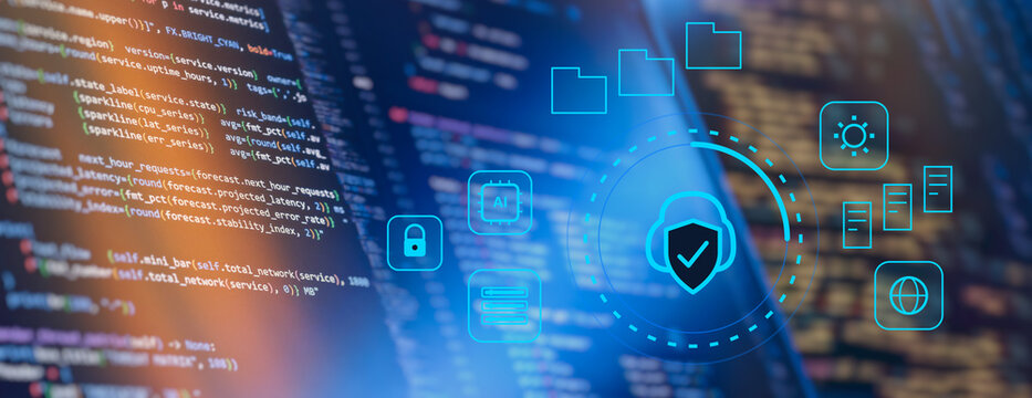 Cloud security and cybersecurity concept. Glowing digital shield inside a cloud icon with AI, server, and data network symbols overlaying programming code. Panoramic banner background.