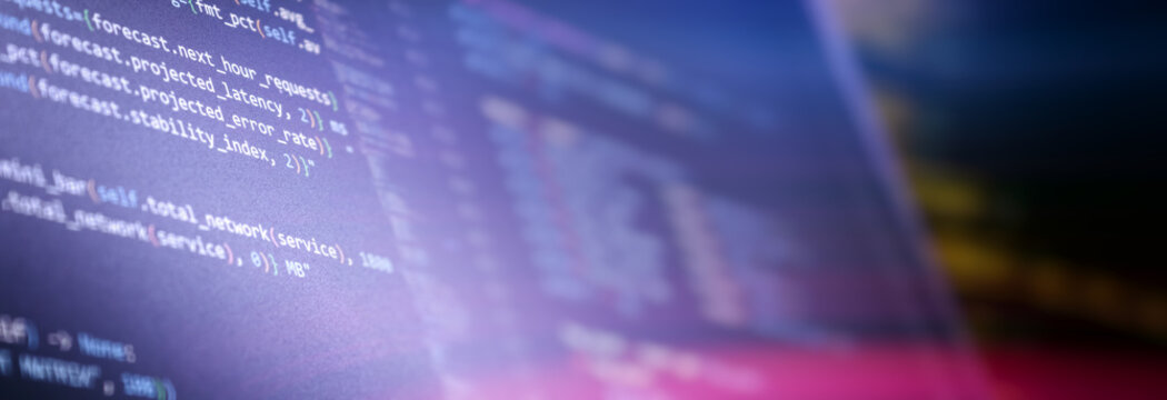 Abstract technology background with programming code. Predictive data analytics and server monitoring concept, panoramic web banner.