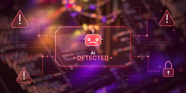 Cybersecurity alert and malicious bot detection system. Futuristic warning interface with robot icon over blurred software code.