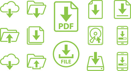 Set of file and data download icons with folder and cloud symbols download technology document transfer internet computing collection interface management information technical business © new_icons