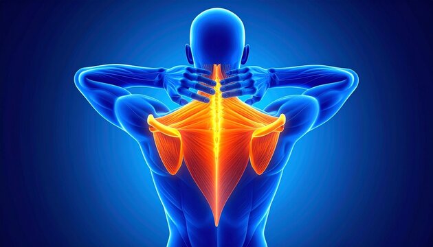 Glowing orange trapezius muscles in translucent blue body symbolizing tension, strength, and healing balance.