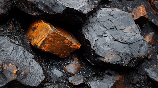 Close-up of coal and a golden rock, contrasting textures and colors.