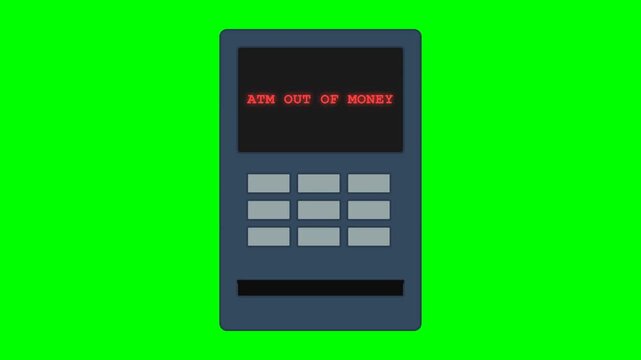 Retro ATM machine with red error message on green screen background.