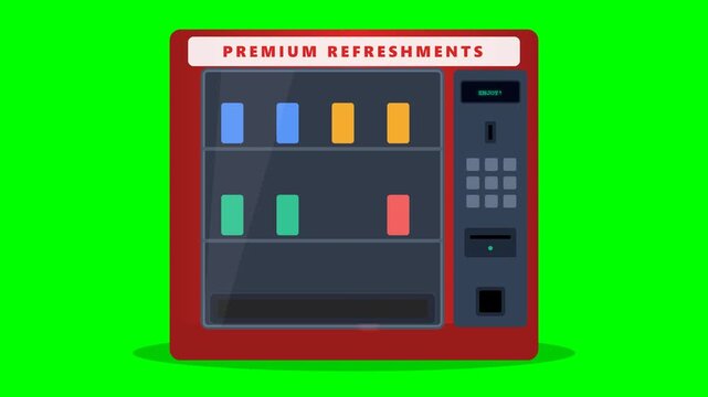 Red Vending Machine Filled With Colorful Drinks On A Green Screen Background.