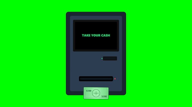 ATM machine dispensing cash on a green screen background.